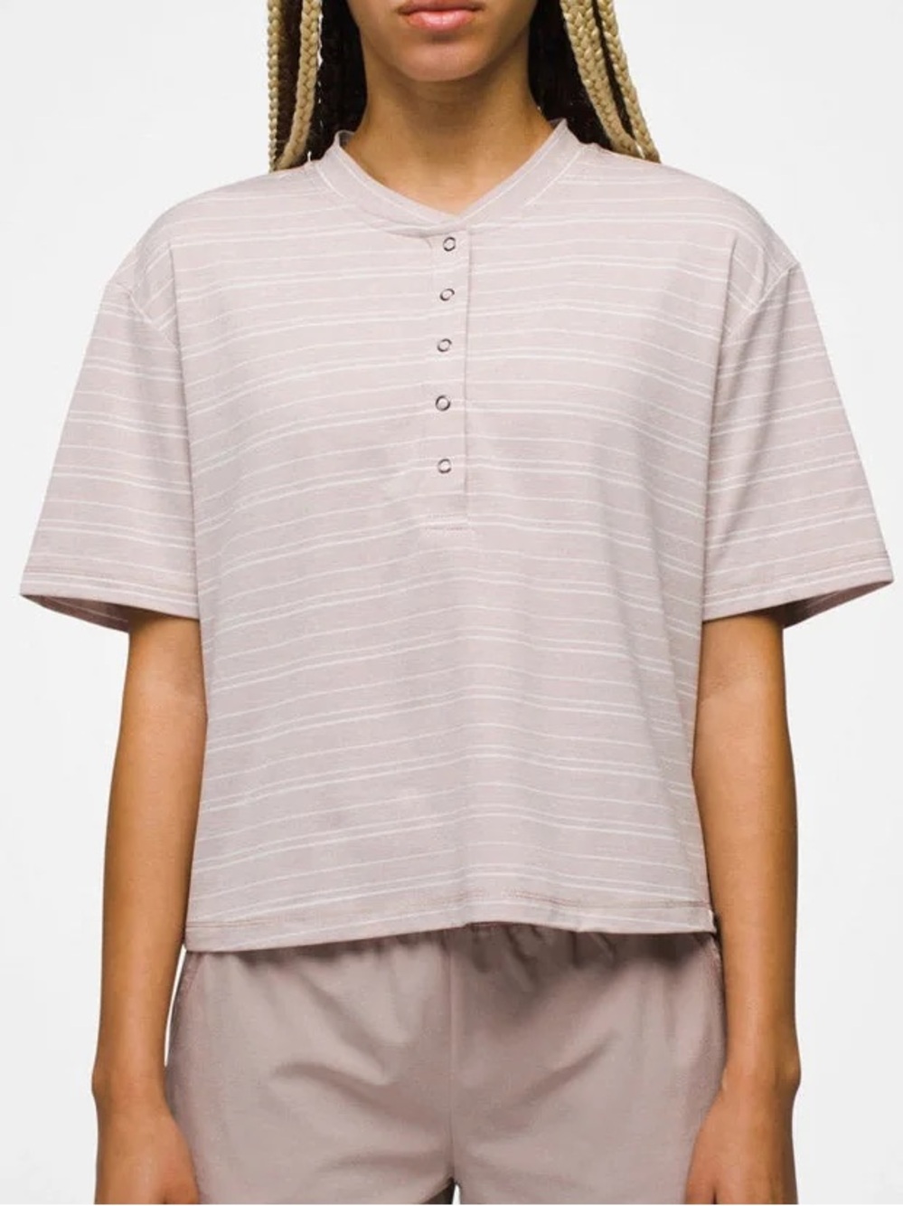 prAna Sol Searcher Short Sleeve Henley Boxy Beige with white stripes Women’s M